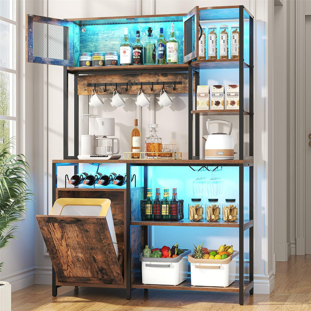 Bakers Rack with Power Outlet and LED Light, 6-Tier Commercial Bakery Racks, Kitchen Microwave Stand with Storage Cabinet, Kitchen Tilt Out Trash Cabinet, 15.8' D x 42.5' W x 67.8' H, Brown