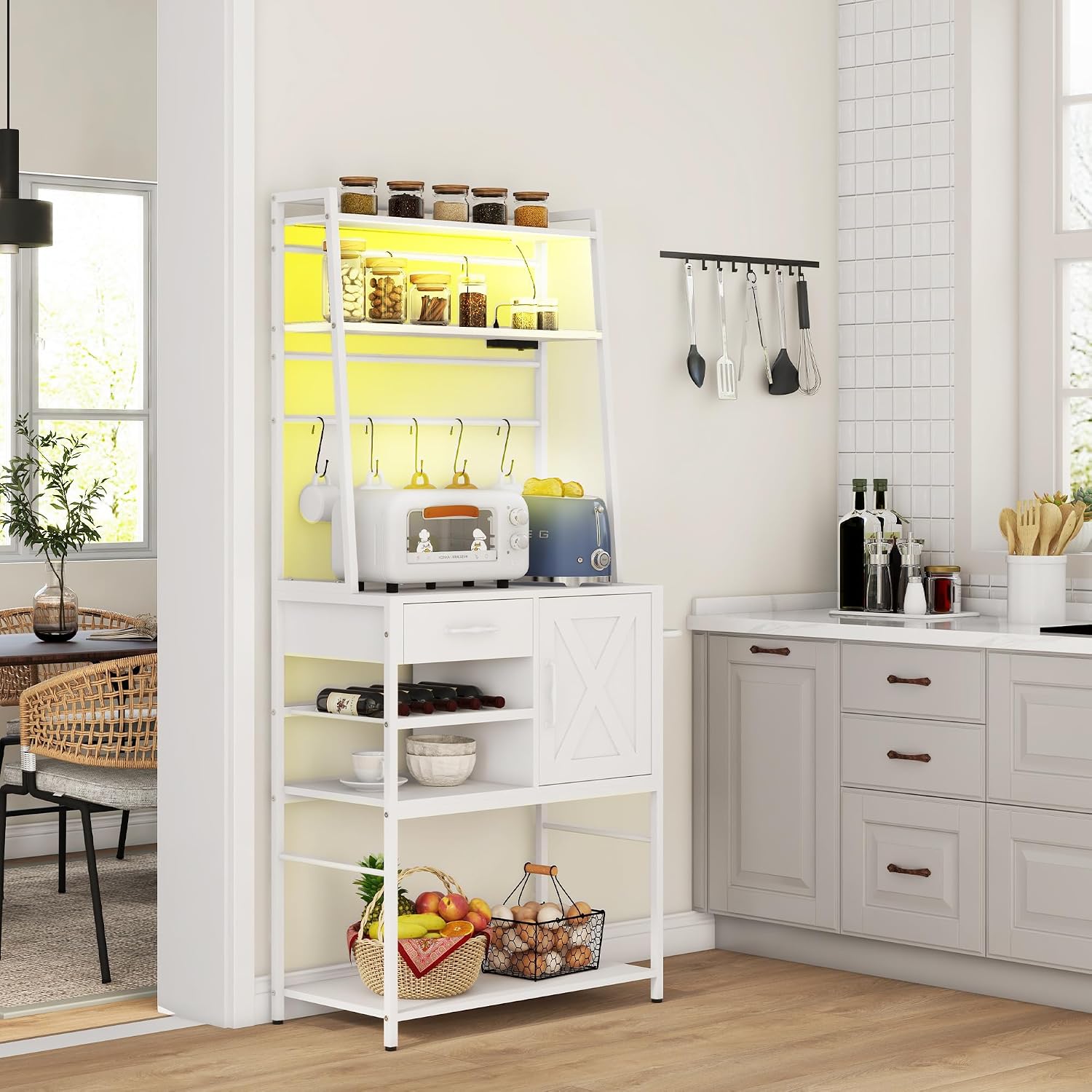 Rack with Power Outlet and LED Lights, Coffee Bar with Storage Shelves, Industrial Microwave Stand with Wine Bottle Rack, Drawer, Barn Door Cabinet, White