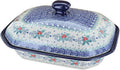 Blue Rose Polish Pottery - Blue December Joy Medium Covered Baker - 3 Cup Capcaity - Ceramic Baking Dish, Festive Design,Perfect Christmas Gift