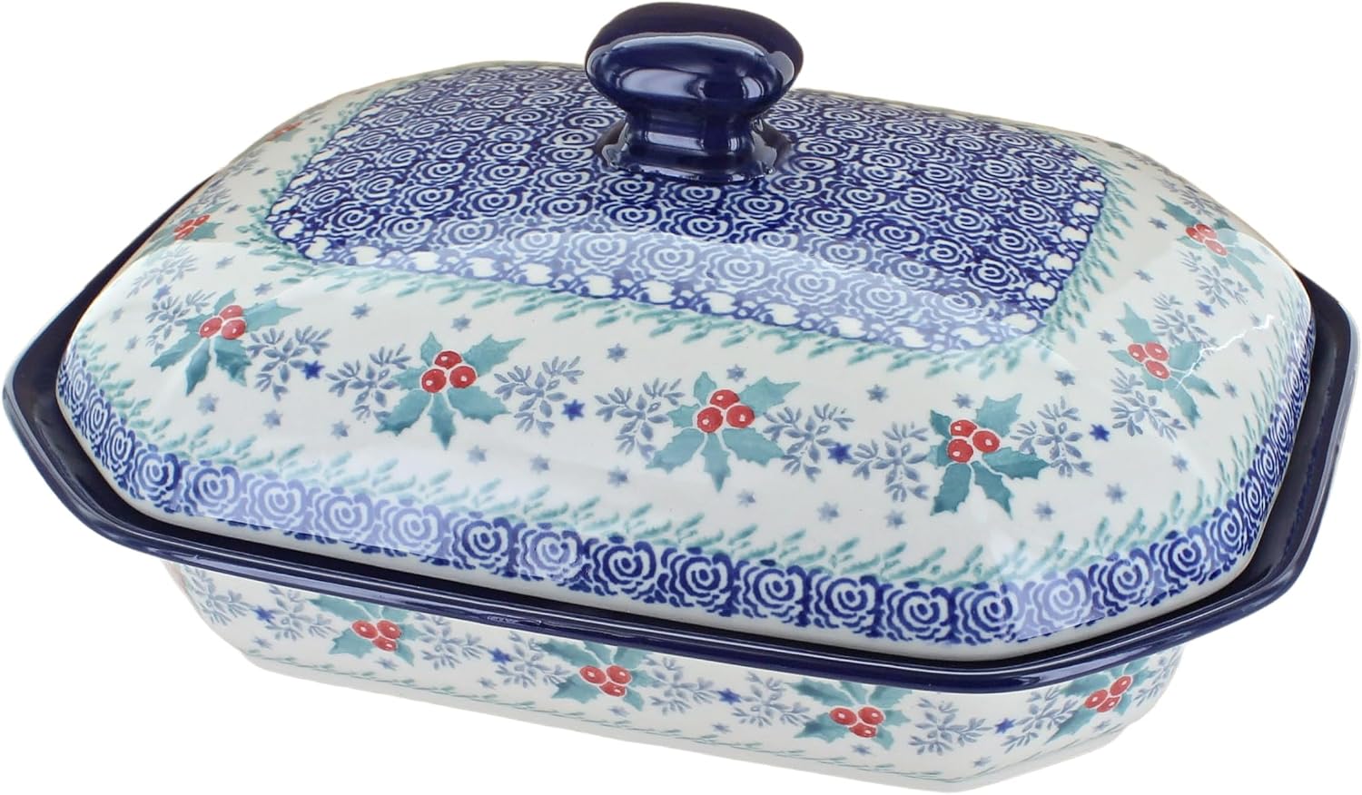 Blue Rose Polish Pottery - Blue December Joy Medium Covered Baker - 3 Cup Capcaity - Ceramic Baking Dish, Festive Design,Perfect Christmas Gift