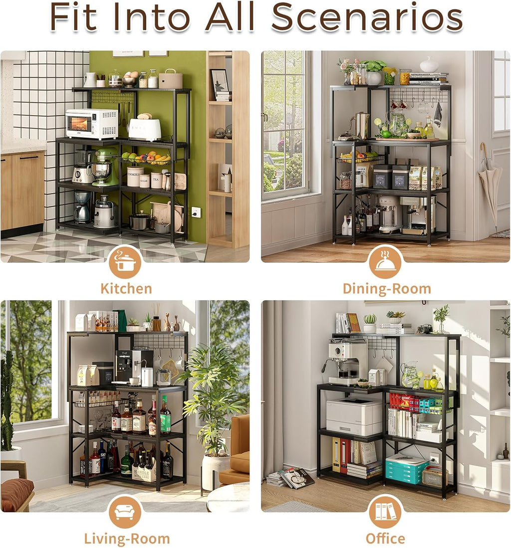 METYERRY L-Shaped Bakers Rack with Power Outlet,4-Tier Corner Microwave Stand with Storage,Coffee Bar Station with 6 Hooks, Kitchen Shelf with 2 Installation Methods,for Living Room,Office,Black