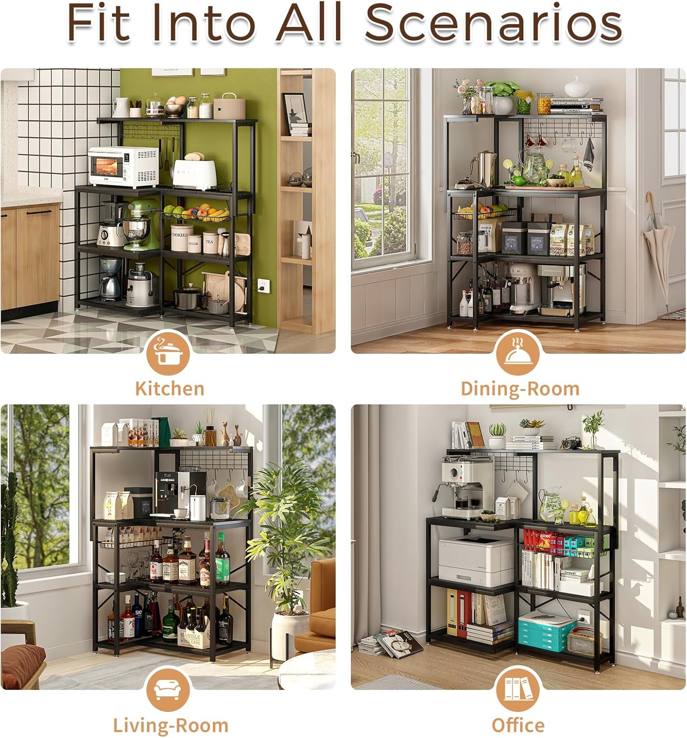 METYERRY L-Shaped Bakers Rack with Power Outlet,4-Tier Corner Microwave Stand with Storage,Coffee Bar Station with 6 Hooks, Kitchen Shelf with 2 Installation Methods,for Living Room,Office,Black