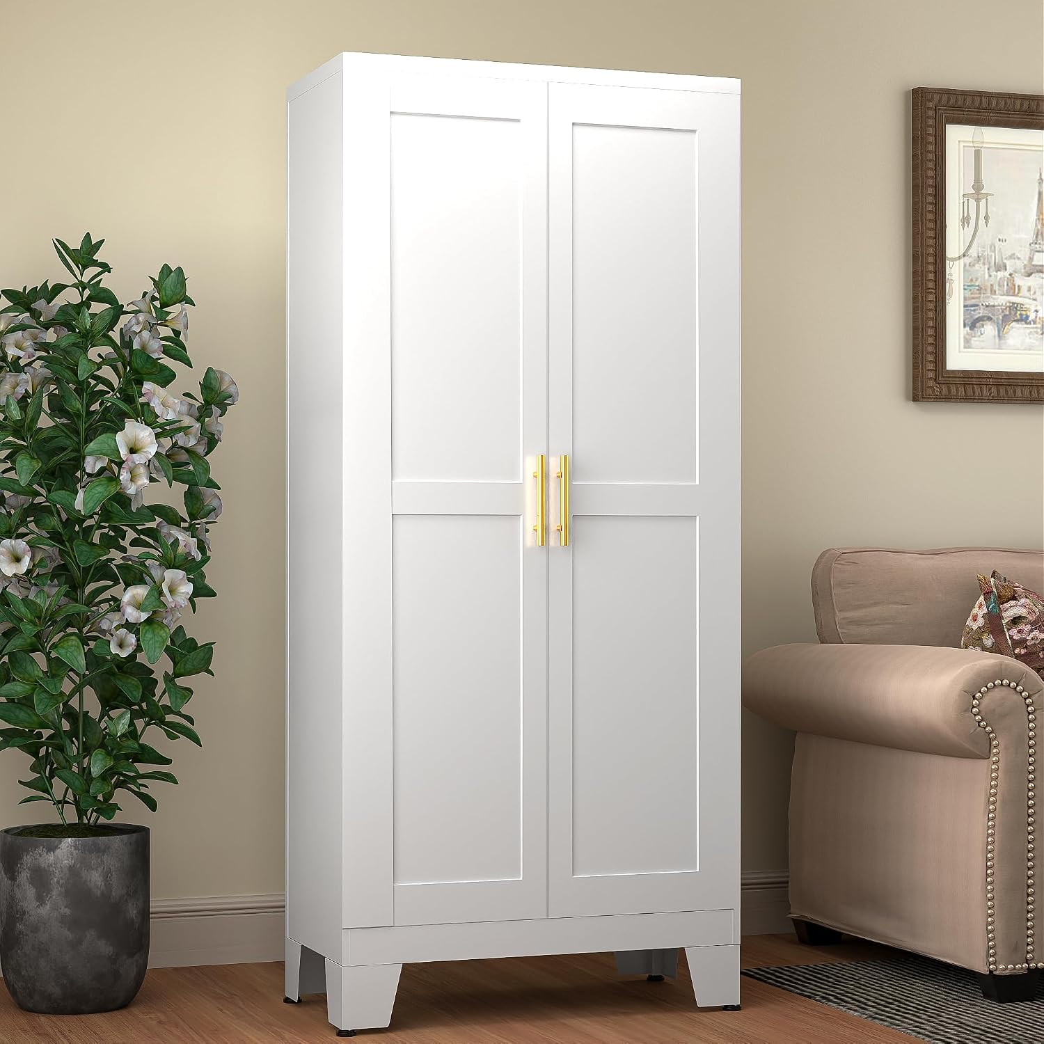 GAIOUS 61.02' Pantry Cabinet, Kitchen Pantry Storage Cabinets with Adjustable Shelves and Feet, White Pantry Storage Cabinet for Kitchen, Dining Room, Living Room and Bathroom (White) Metal