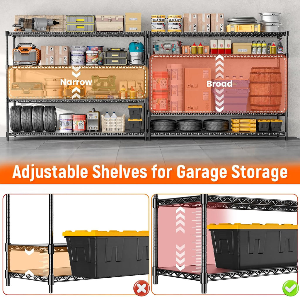60' W Storage Shelves 2640 LBS Heavy Duty Garage Shelving, Adjustable Wire Shelving Metal Shelving with Liners, Fits 27-Gallon Totes, 60' W x 18' D x 68.4' H for Commercial Warehouse, Black
