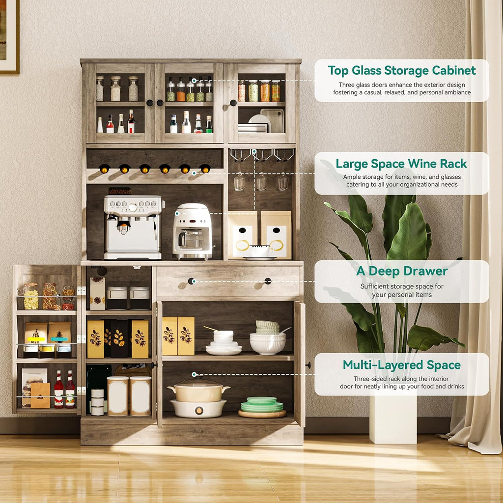 YITAHOME Kitchen Pantry Cabinet with Wine Rack & Power Outlet, 71' H Tall Storage Cabinet with Doors, Shelves, Drawer, Goblet Holder for Kitchen & Living Room (Grey)