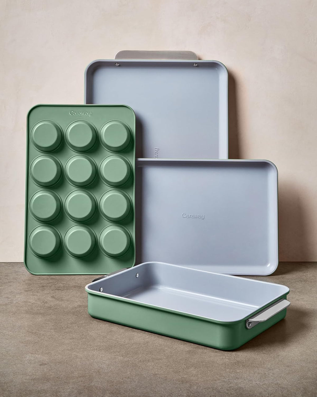 Caraway Nonstick Rectangle Baking Pan Set – 2x 9' x 6.5' & 1x 9' x 13' - Non-Toxic, PTFE & PFOA Free – Aluminized Steel Core – Deep Ceramic Baking Pan for Casseroles, Lasagna & More - Sage