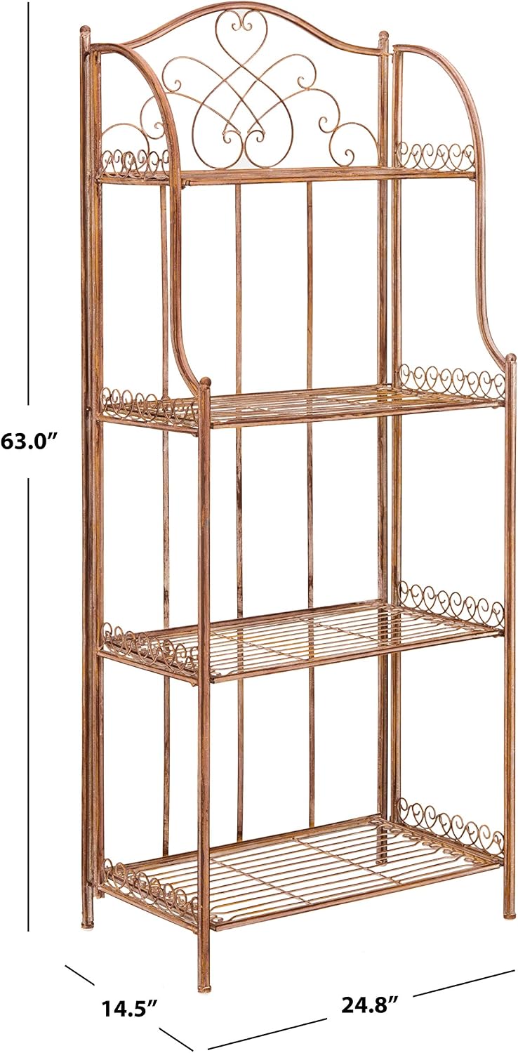 SAFAVIEH Outdoor - Amaris 4-Tier Bakers Rack - Rusty Orange Iron Metal - Vintage Victorian Scrollwork - Ideal for Patio, Deck, Porch, Sunroom, 14.5' W x 25' D x 63' H (PAT5014A)