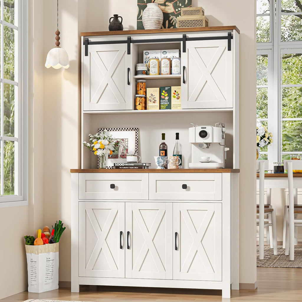 Befrases 67.7 Inch Farmhouse Pantry Storage Cabinet with Sliding Barn Doors, 2 Drawer Farmhouse Coffee Cabinet with Adjustable Shelf, Side Board with Buffet Cupboard for Livingroom Kitchen, White