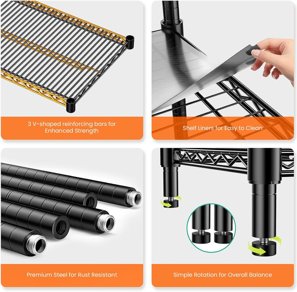 60' W Storage Shelves 2640 LBS Heavy Duty Garage Shelving, Adjustable Wire Shelving Metal Shelving with Liners, Fits 27-Gallon Totes, 60' W x 18' D x 68.4' H for Commercial Warehouse, Black