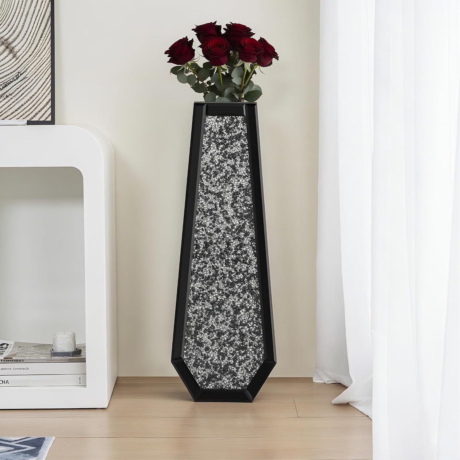 SHYFOY 30' Tall Floor Vase Black Crushed Diamond Tall Vases for Decor Living Room Floor Large Crystal Glass Decorative Floor Vase for Living Room Office Home Decor