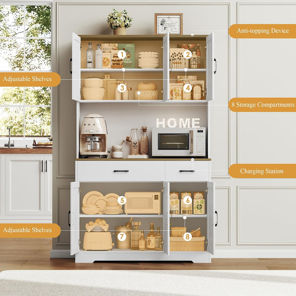 HOSTACK 71' Pantry Cabinet with Charging Station, Tall Kitchen Pantry Storage Cabinet with Microwave Stand, Farmhouse Kitchen Hutch with Storage Drawers for Living Room, Dining Room, White