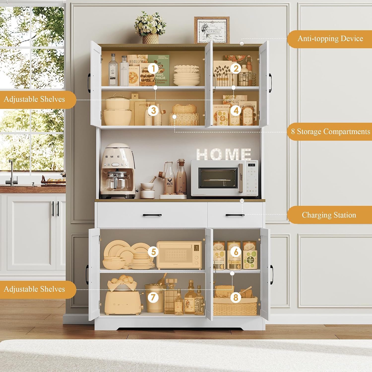 HOSTACK 71' Pantry Cabinet with Charging Station, Tall Kitchen Pantry Storage Cabinet with Microwave Stand, Farmhouse Kitchen Hutch with Storage Drawers for Living Room, Dining Room, White