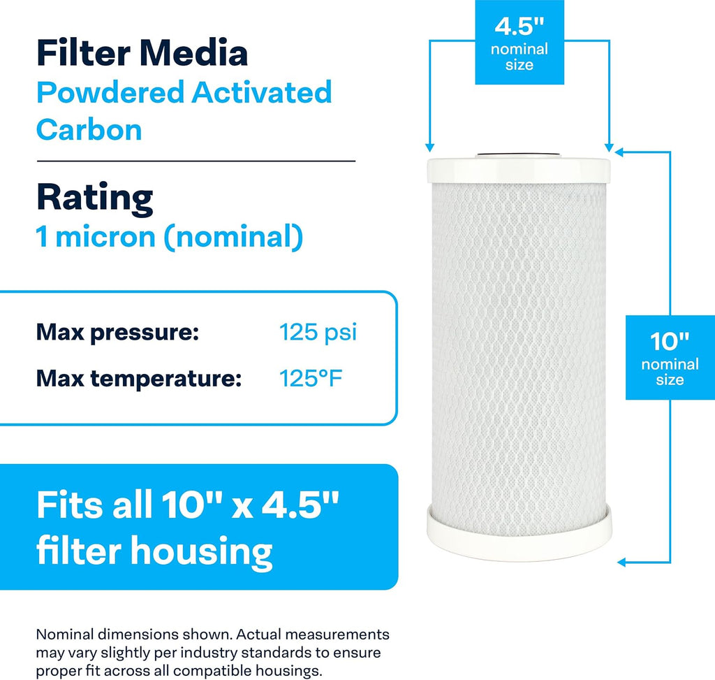 SpiroPure SP-CBC-BB 10x4.5 1 Micron NSF Certified Coconut Shell Carbon Block Water Filter Cartridge CB-45-1001 (Case of 6)