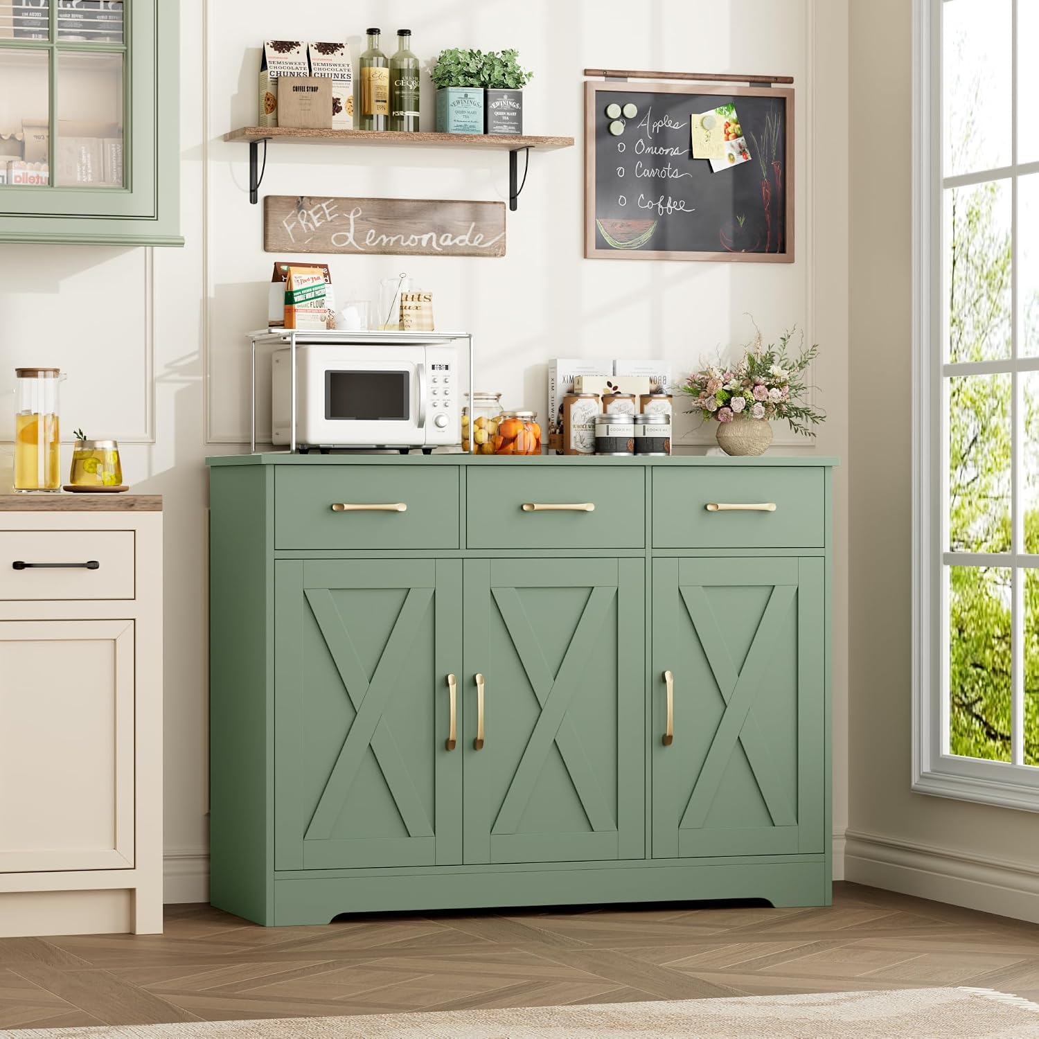 HOSTACK Modern Farmhouse Buffet Sideboard Cabinet, Barn Doors Storage Cabinet with Drawers and Shelves, Wood Coffee Bar with Storage for Dining Room, Kitchen, Living Room, Green