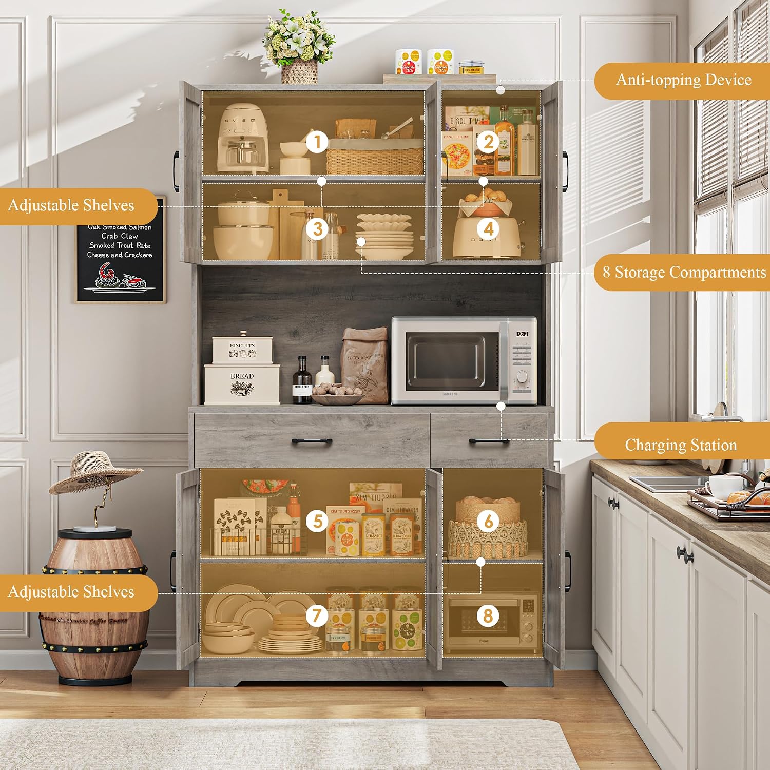 HOSTACK 71' Pantry Cabinet with Charging Station, Tall Kitchen Pantry Storage Cabinet with Microwave Stand, Farmhouse Kitchen Hutch with Storage Drawers for Living Room, Dining Room, Ash Grey