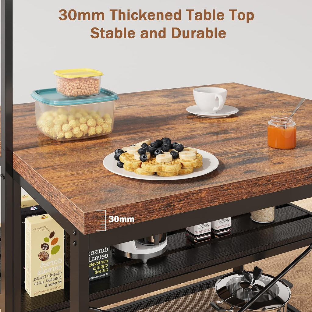 Kitchen Island with 3 Tier Storage Shelf, 42'' Wooden Island Table with Bakers Rack, Microwave Oven, 5 Hooks for Kitchen, Living Room, Dining Room, Modern Bar Table and Chairs Set for 2