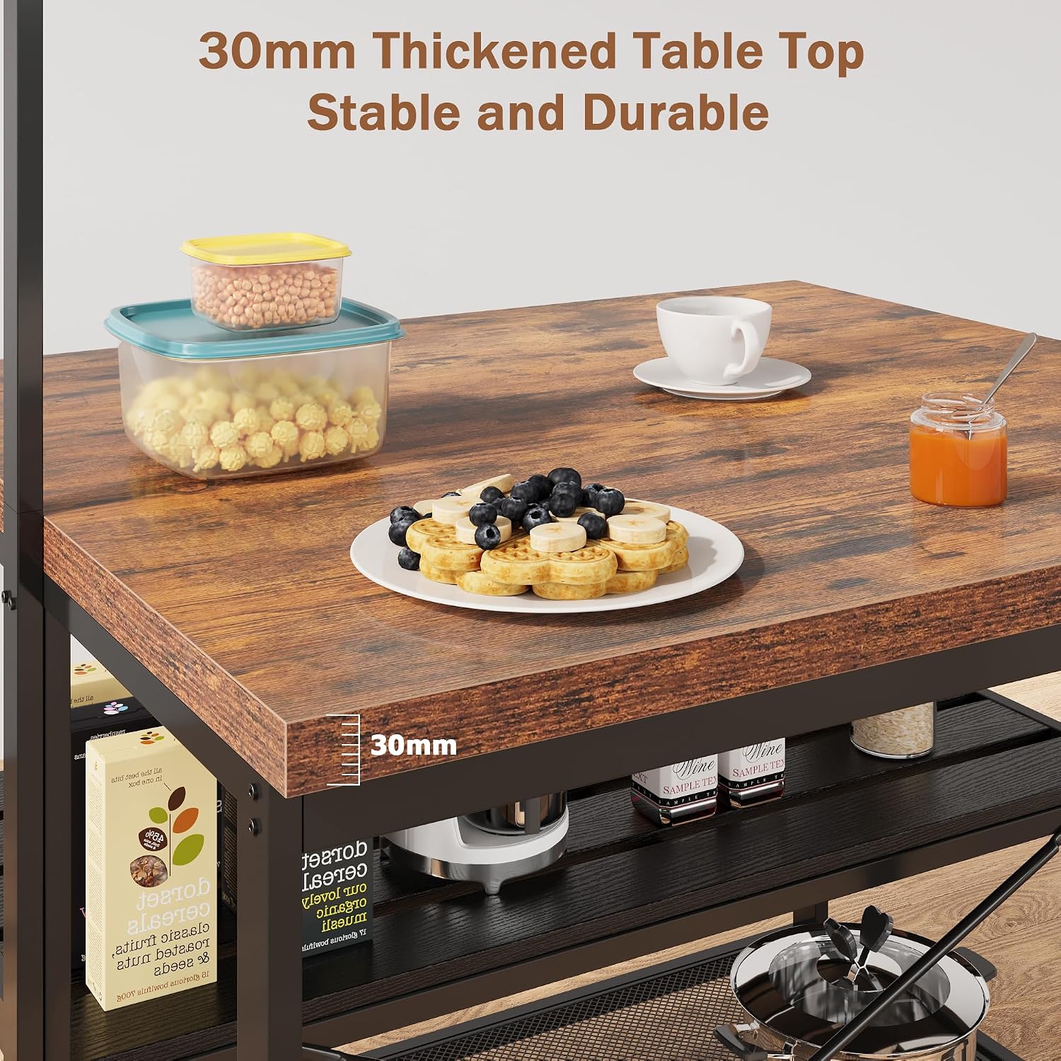 Kitchen Island with 3 Tier Storage Shelf, 42'' Wooden Island Table with Bakers Rack, Microwave Oven, 5 Hooks for Kitchen, Living Room, Dining Room, Modern Bar Table and Chairs Set for 2