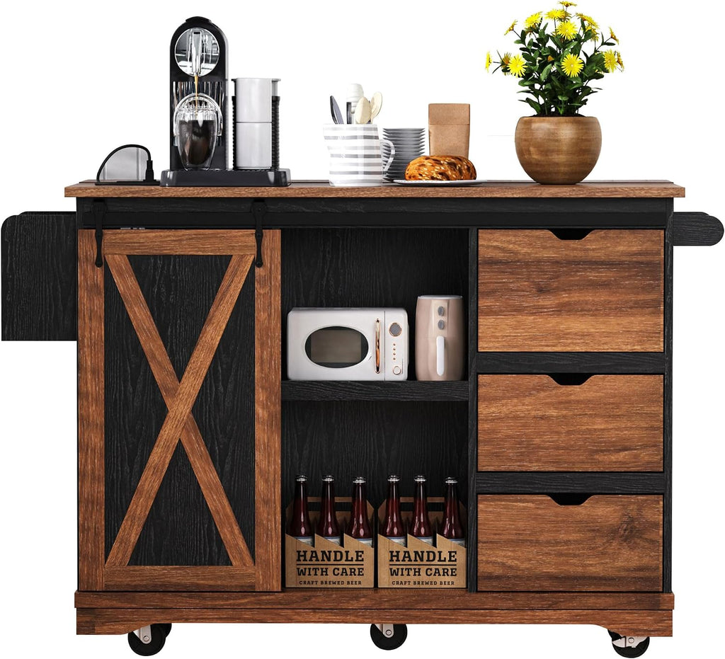 55.5' Farmhouse Kitchen Island with Drop Leaf, Kitchen Storage Island with Barn Door, Power Outlet, Rolling Kitchen Cart on Wheels with Spice Rack, for Home, Kitchen, Dining Room (Black)