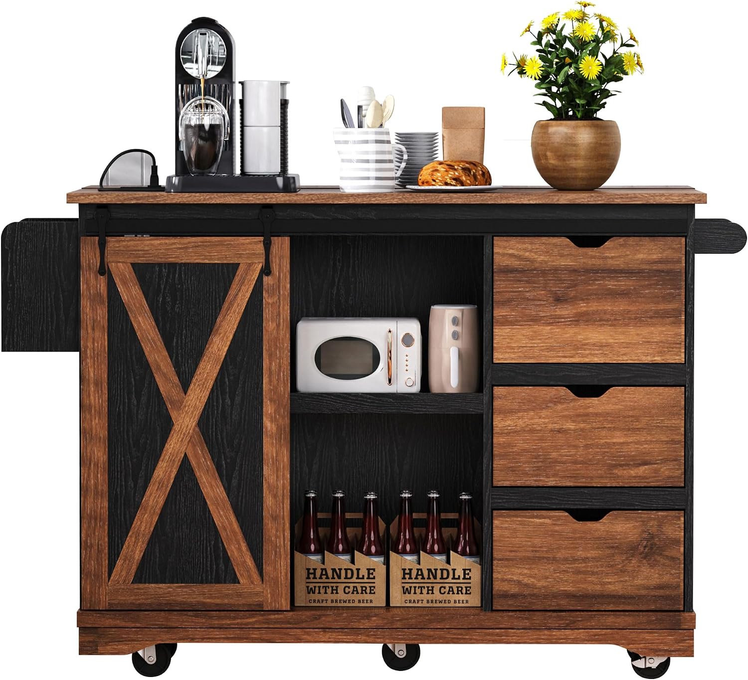 55.5' Farmhouse Kitchen Island with Drop Leaf, Kitchen Storage Island with Barn Door, Power Outlet, Rolling Kitchen Cart on Wheels with Spice Rack, for Home, Kitchen, Dining Room (Black)