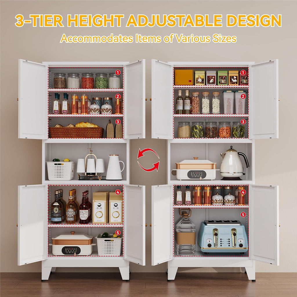 YAUWOH 69' Tall Metal Kitchen Pantry Cabinet with Microwave Shelf, 4 Doors & 3 Adjustable Shelves, Heavy Duty Food Storage Cabinet with Anti-Tip Design for Kitchen,Dining Room (1PC,White)