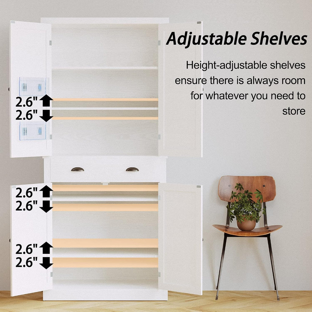 IRONCK Kitchen Pantry Storage Cabinet 72.6' H, with Barn Doors, Drawer, 4 Adjustable Shelves, Freestanding Cupboard, Laundry, White