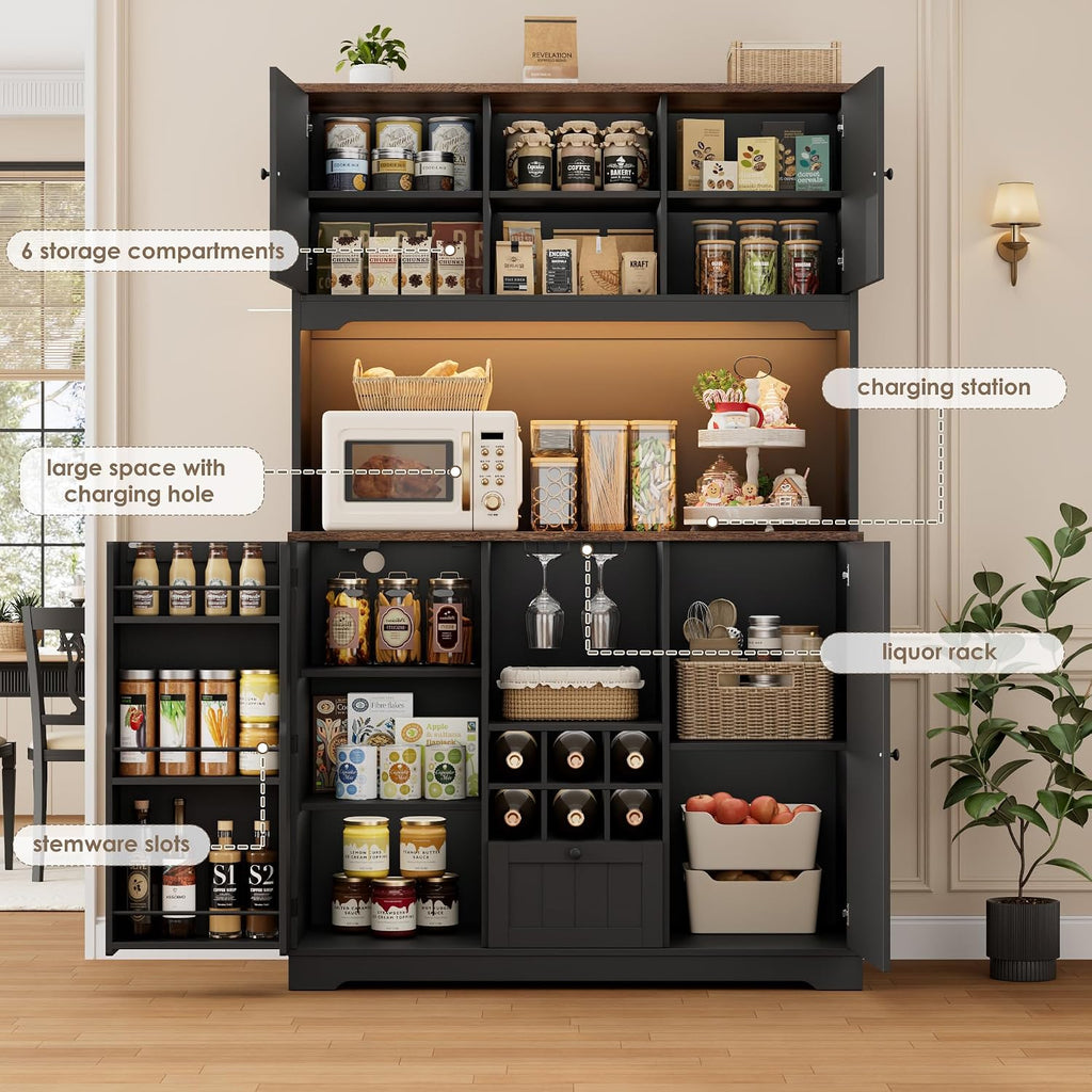 FINETONES 71' Pantry Cabinet with LED Light and Charging Station, Kitchen Pantry Cabinet with Microwave Stand, Kitchen Hutch Food Storage Cabinet with Outlet and Wine Racks, Black
