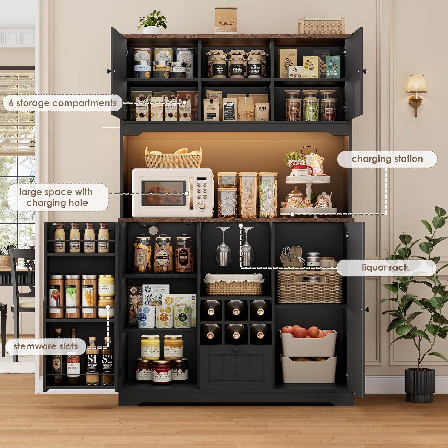 FINETONES 71' Pantry Cabinet with LED Light and Charging Station, Kitchen Pantry Cabinet with Microwave Stand, Kitchen Hutch Food Storage Cabinet with Outlet and Wine Racks, Black