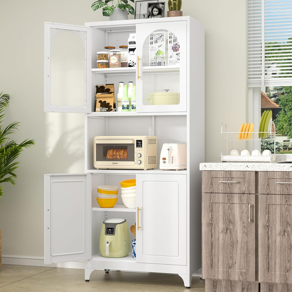SteeLoong Metal Kitchen Pantry Storage Cabinet，75' Tall Storage Cabinets with 4 Doors and Adjustable Shelves ，White Hutch Cabinet with Microwave Stand,Large Kitchen Cupboard for Dining Room