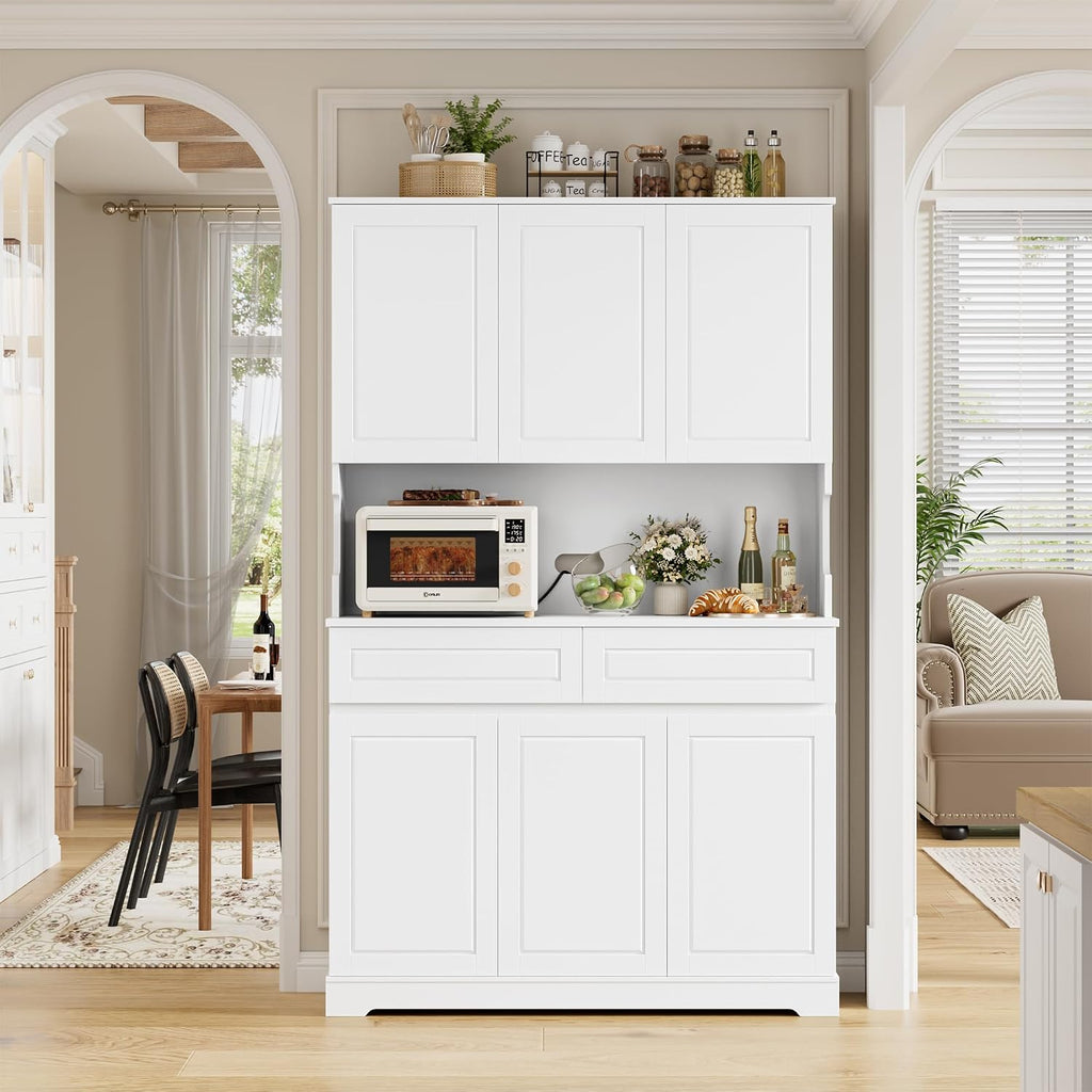 FACBOTALL 74' Pantry Cabinet, Tall Kitchen Pantry Cabinet with 6 Doors and 2 Drawers, Kitchen Hutch with Wide Countertop, Modern Kitchens Cupboard with Adjustable Shelves and Charge Holes, White