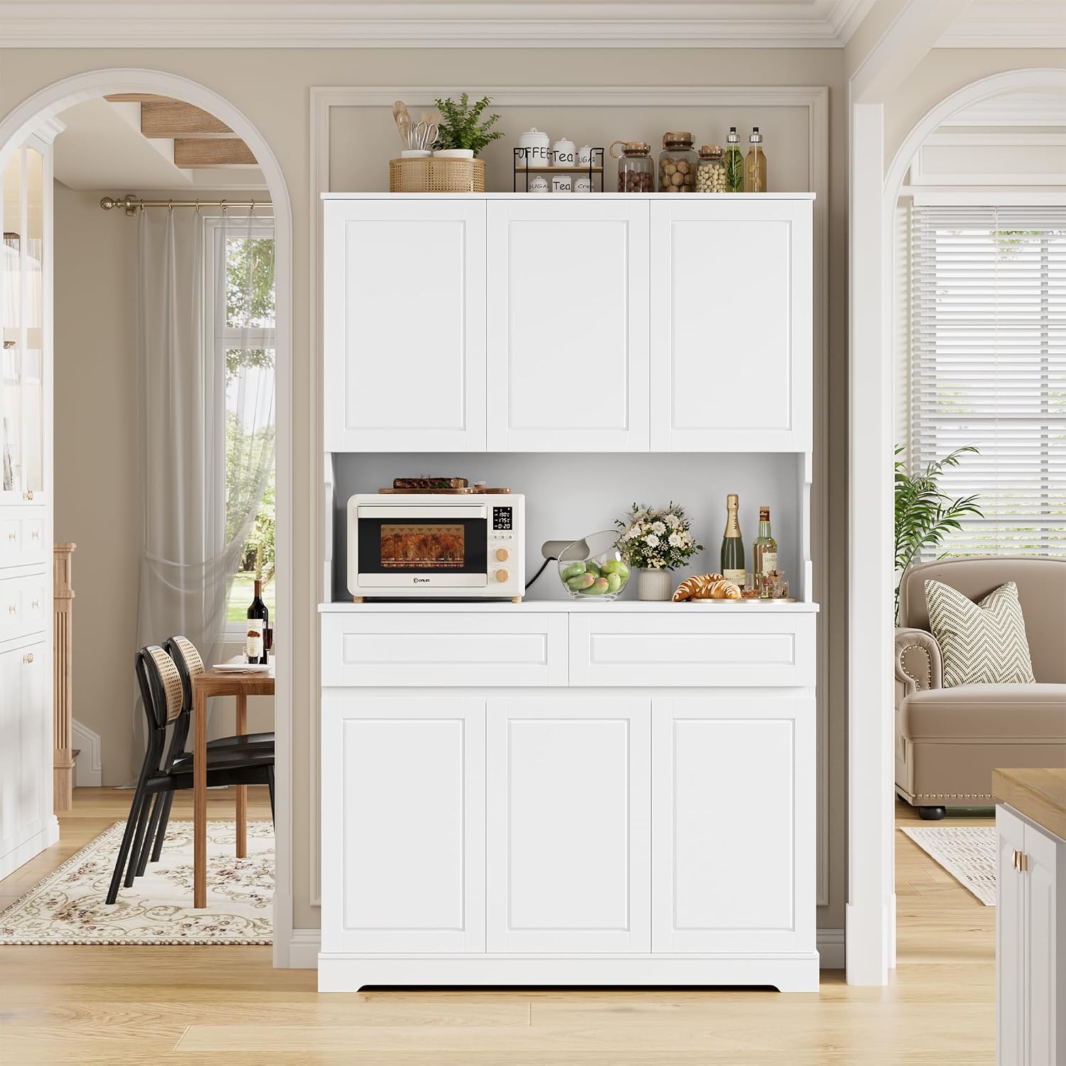 FACBOTALL 74' Pantry Cabinet, Tall Kitchen Pantry Cabinet with 6 Doors and 2 Drawers, Kitchen Hutch with Wide Countertop, Modern Kitchens Cupboard with Adjustable Shelves and Charge Holes, White