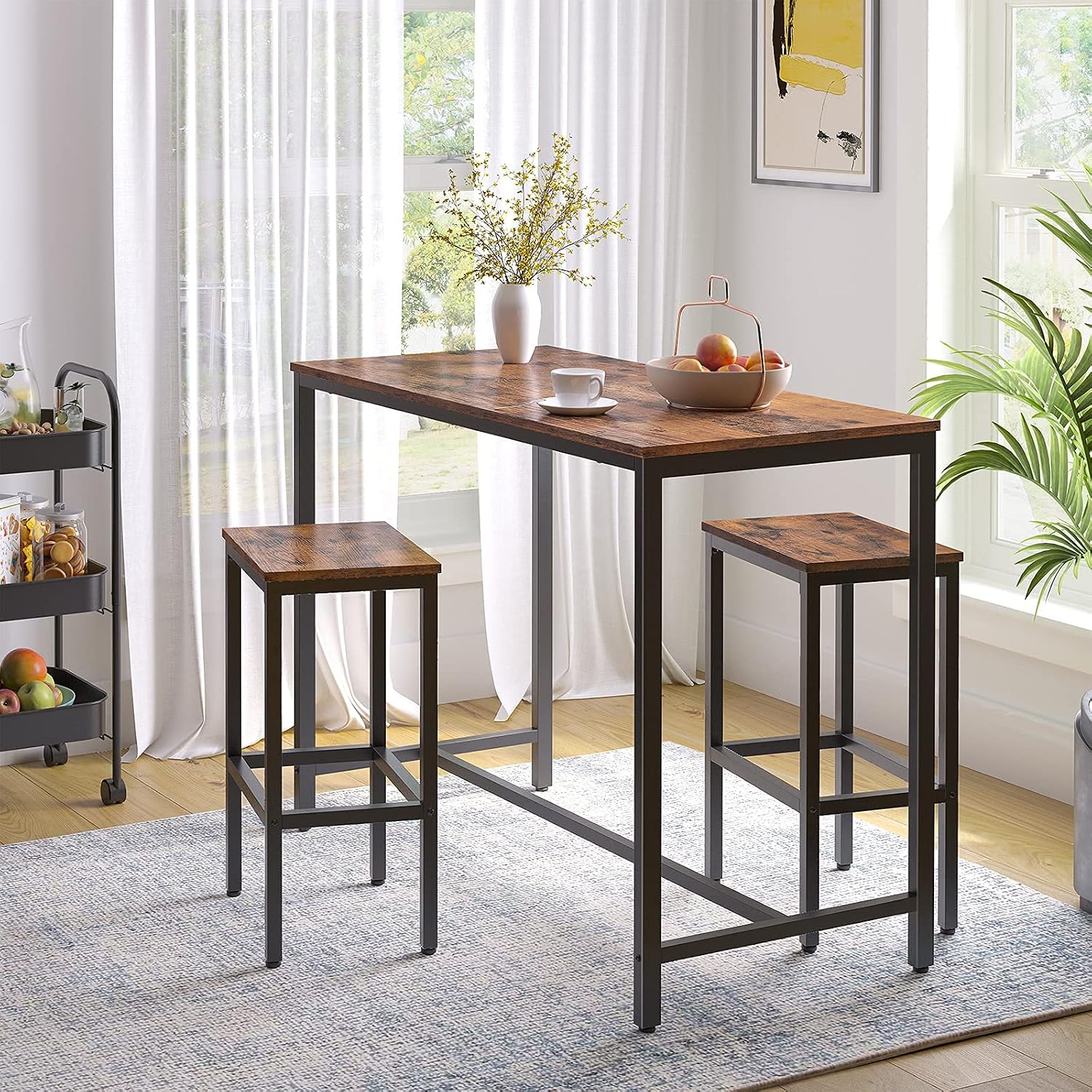 HOOBRO Bakers Rack with Power Outlet, Bar Table and Chairs Set, 47.2' Rectangular Pub 2 Stools, 3-Piece Breakfast Set for Kitchen Living Room BF07UHB01-BF52BT01