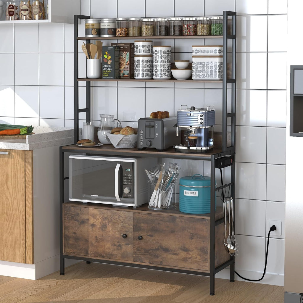 5-Tier Kitchen Bakers Rack with Power Outlet,Industrial Microwave Oven Stand, Utility Storage Shelf,Free Standing Kitchen Utility Cart Storage Shelf Organizer with Hooks