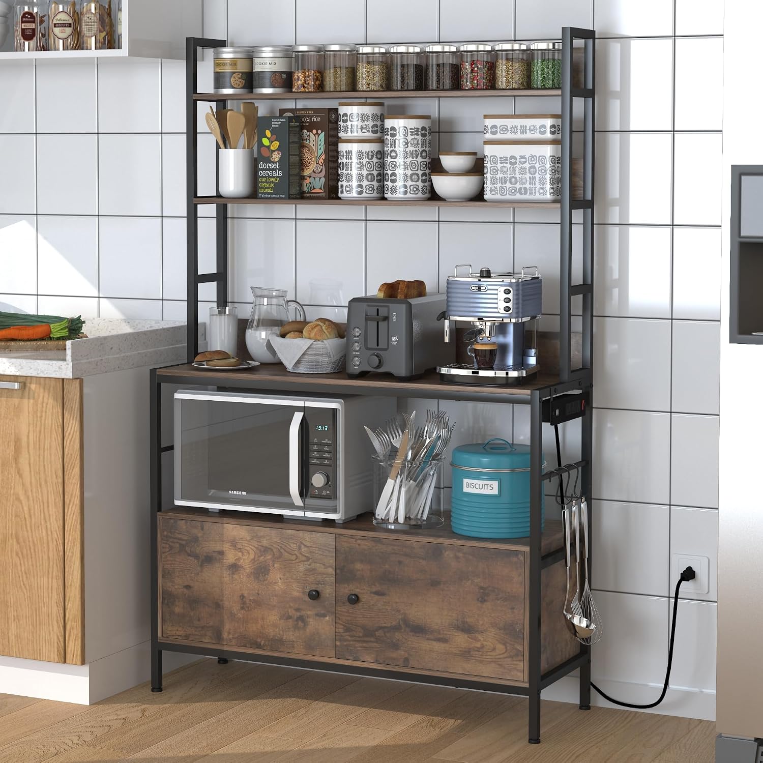 5-Tier Kitchen Bakers Rack with Power Outlet,Industrial Microwave Oven Stand, Utility Storage Shelf,Free Standing Kitchen Utility Cart Storage Shelf Organizer with Hooks