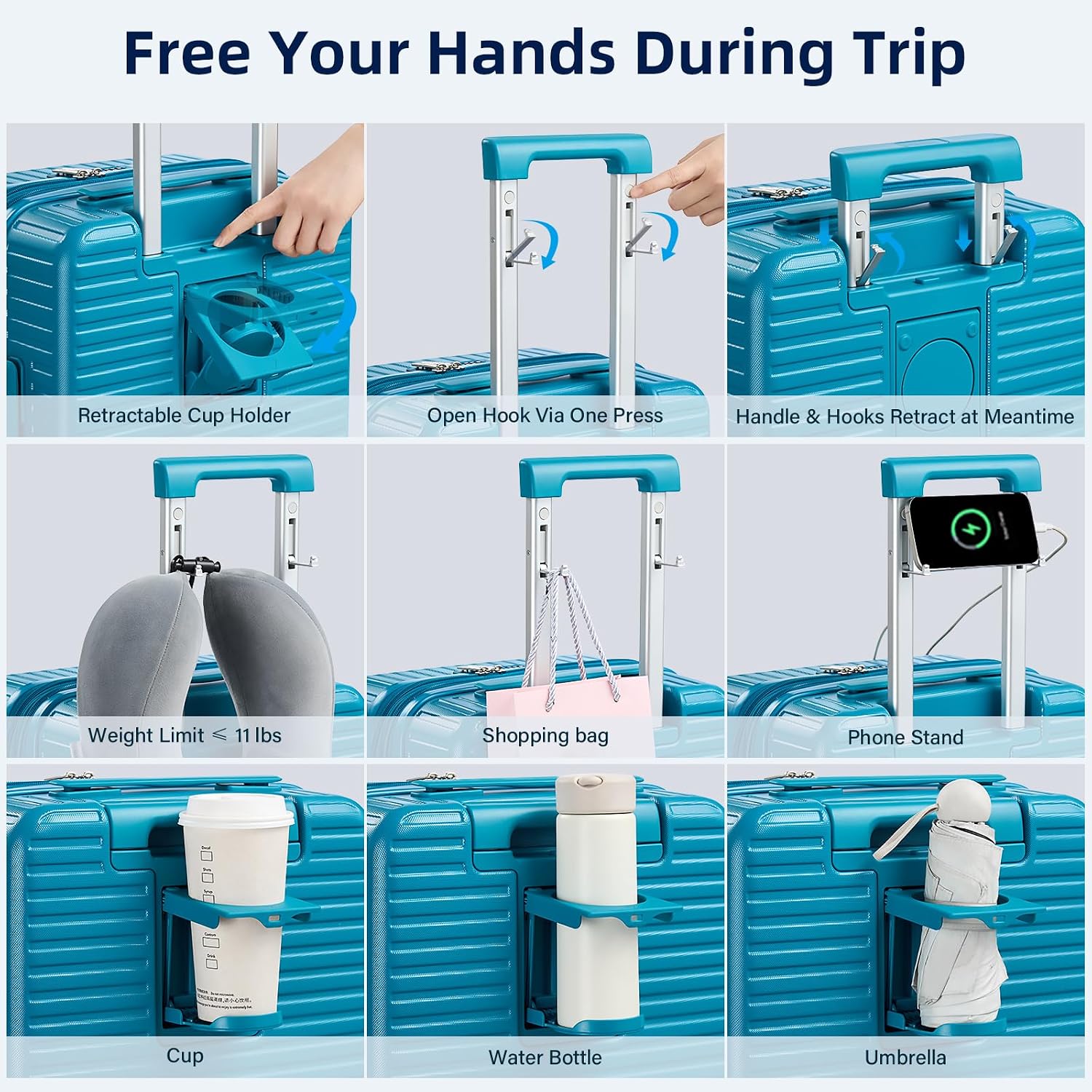 HanTrip Hard Shell Suitcases Travel Expandable Luggage, 24 Inch Check in Luggage with Spinner Wheels Cup Holder Charger Built in, Checked Medium Suitcase Lightweight Suitcases, Caribbean Blue