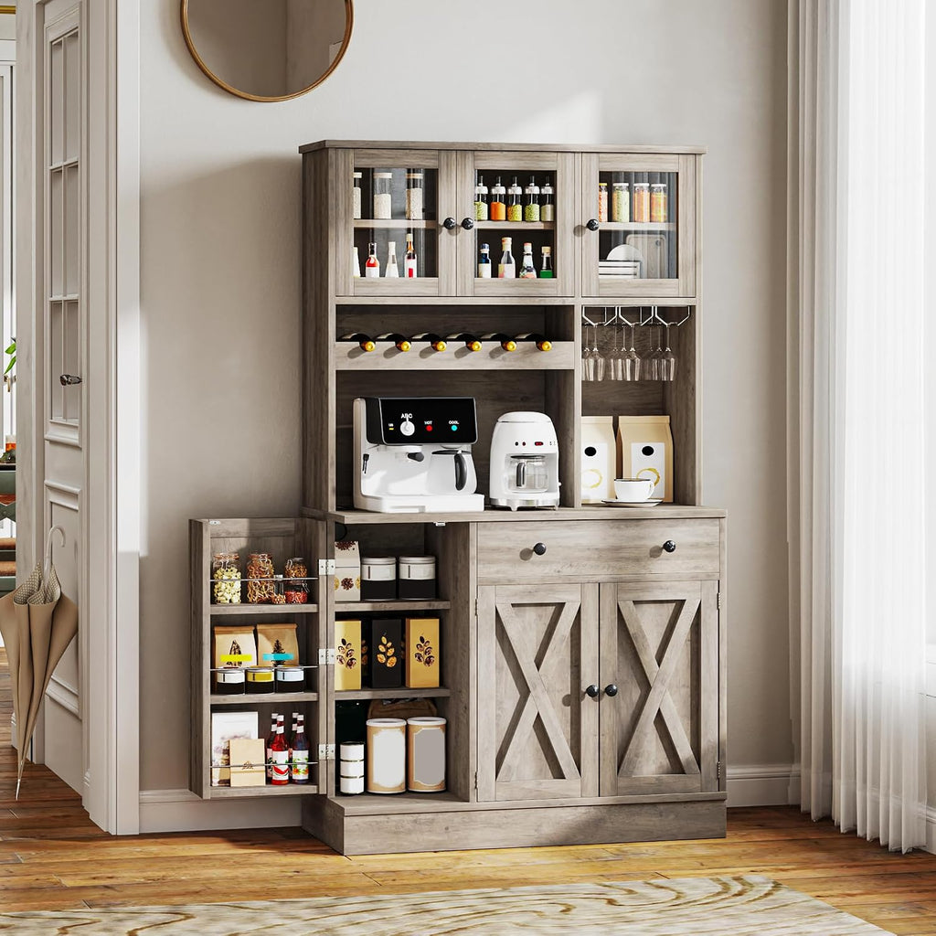 YITAHOME Kitchen Pantry Cabinet with Wine Rack & Power Outlet, 71' H Tall Storage Cabinet with Doors, Shelves, Drawer, Goblet Holder for Kitchen & Living Room (Grey)