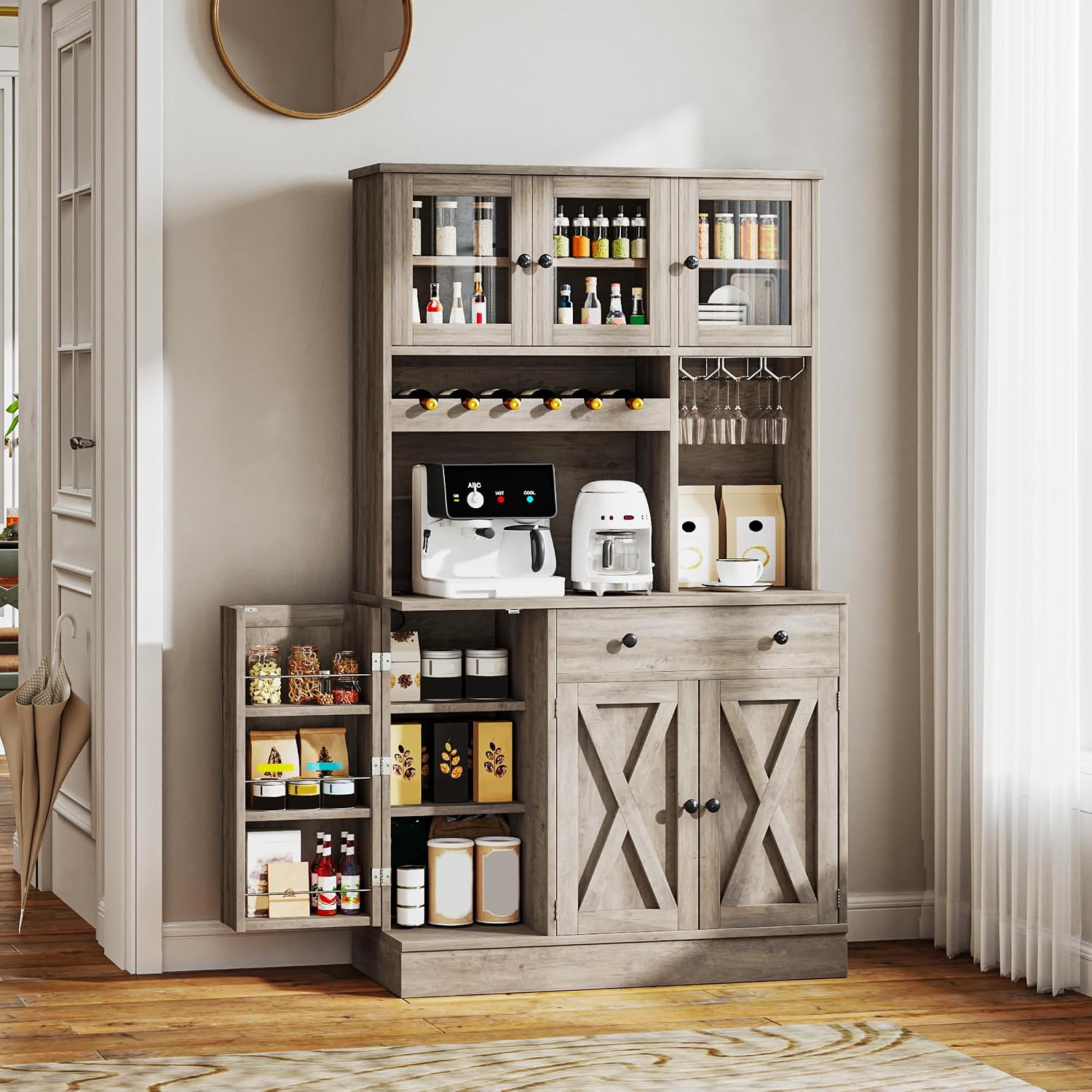 YITAHOME Kitchen Pantry Cabinet with Wine Rack & Power Outlet, 71' H Tall Storage Cabinet with Doors, Shelves, Drawer, Goblet Holder for Kitchen & Living Room (Grey)