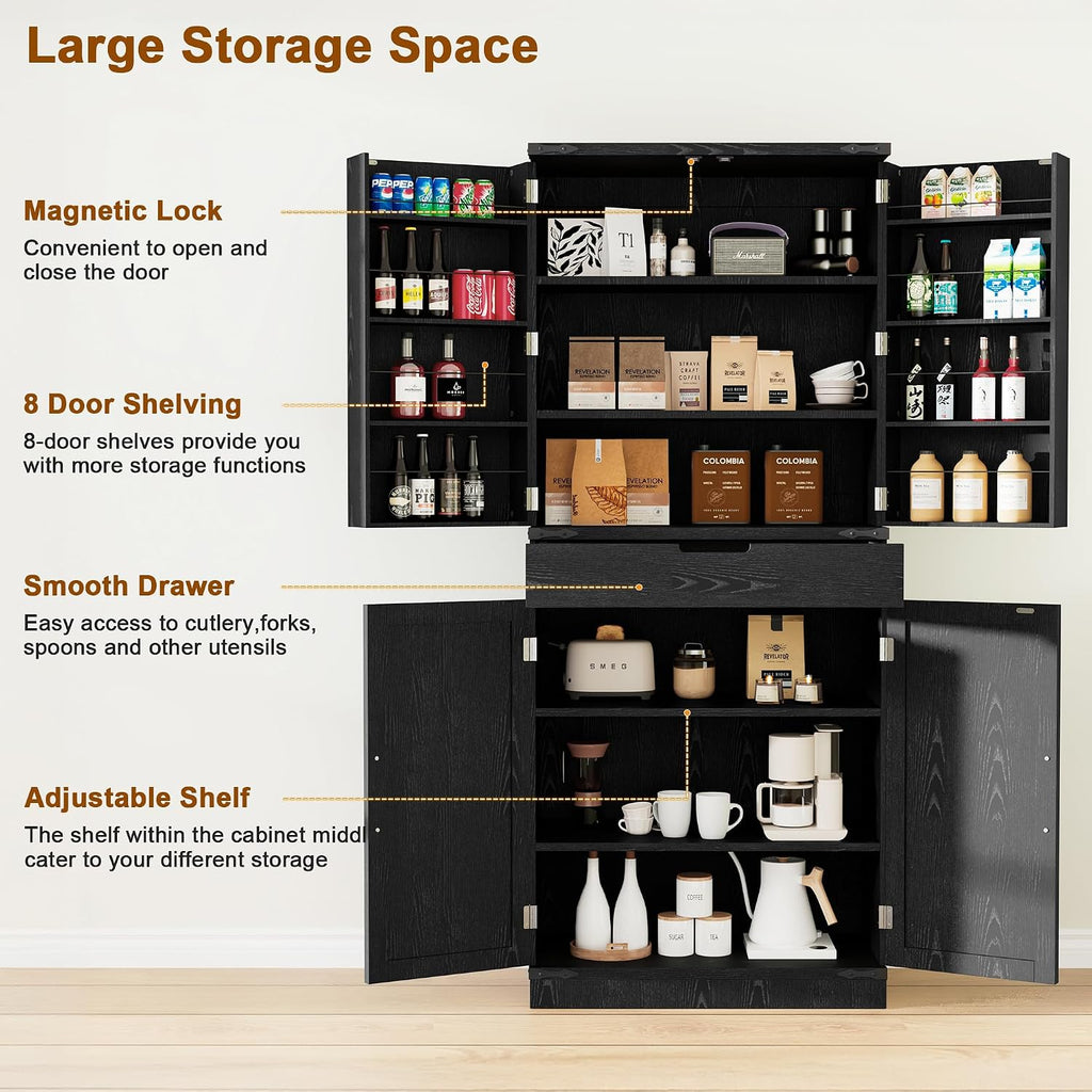 GRUSIGN 72' Tall Storage Cabinet, Kitchen Pantry Cabinet with Adjustable Shelves & Sturdy Steel Frame, Farmhouse Pantry Storage with 4 Barn Doors for Kitchen, Dining Room, and Living Room, Black
