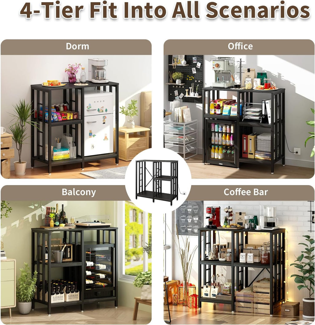 METYERRY 4-Piece Set Mini Fridge Stand with Power Outlet,Kitchen Bakers Rack with Storage,Mini Fridge and Microwave Stand,Coffee Bar, Free Standing Shelf for Kitchen, Home Office,Rustic Brown
