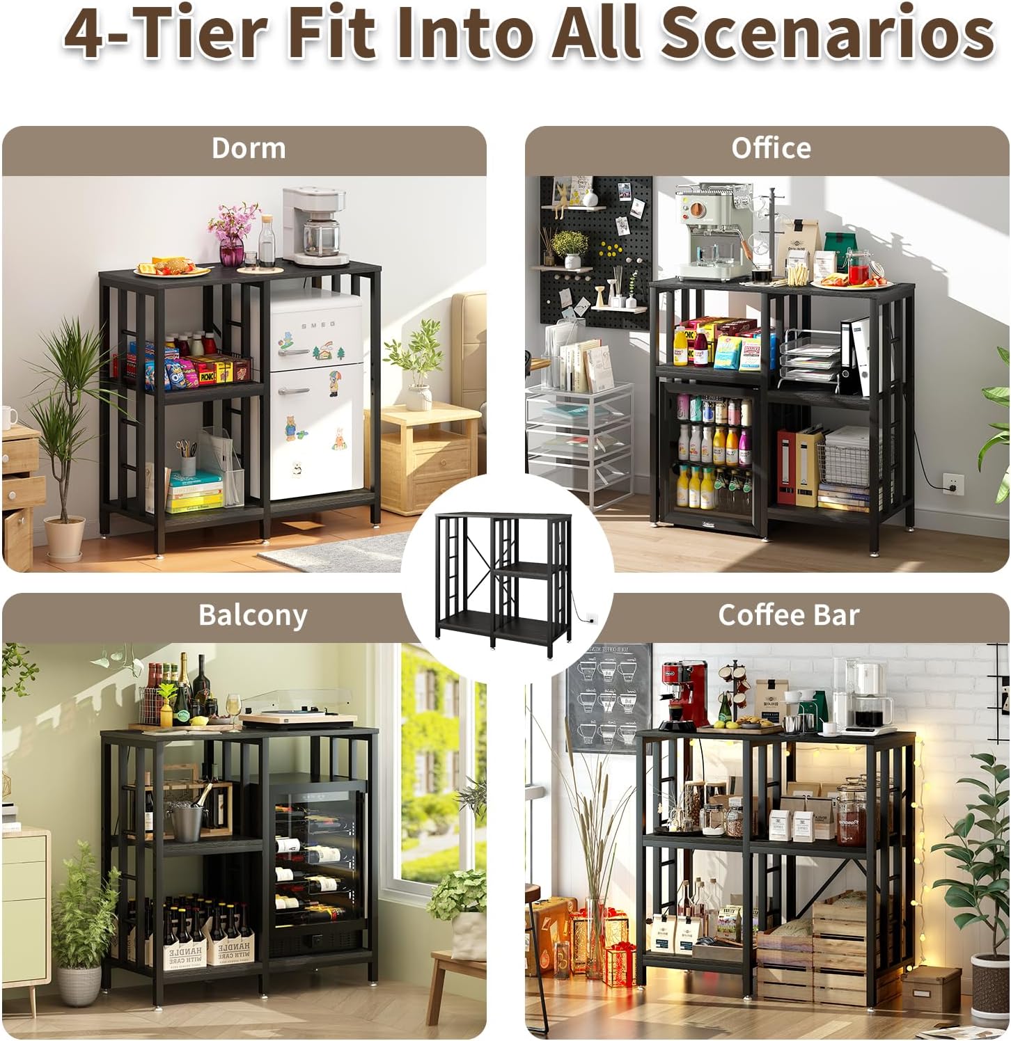 METYERRY 4-Piece Set Mini Fridge Stand with Power Outlet,Kitchen Bakers Rack with Storage,Mini Fridge and Microwave Stand,Coffee Bar, Free Standing Shelf for Kitchen, Home Office,Rustic Brown