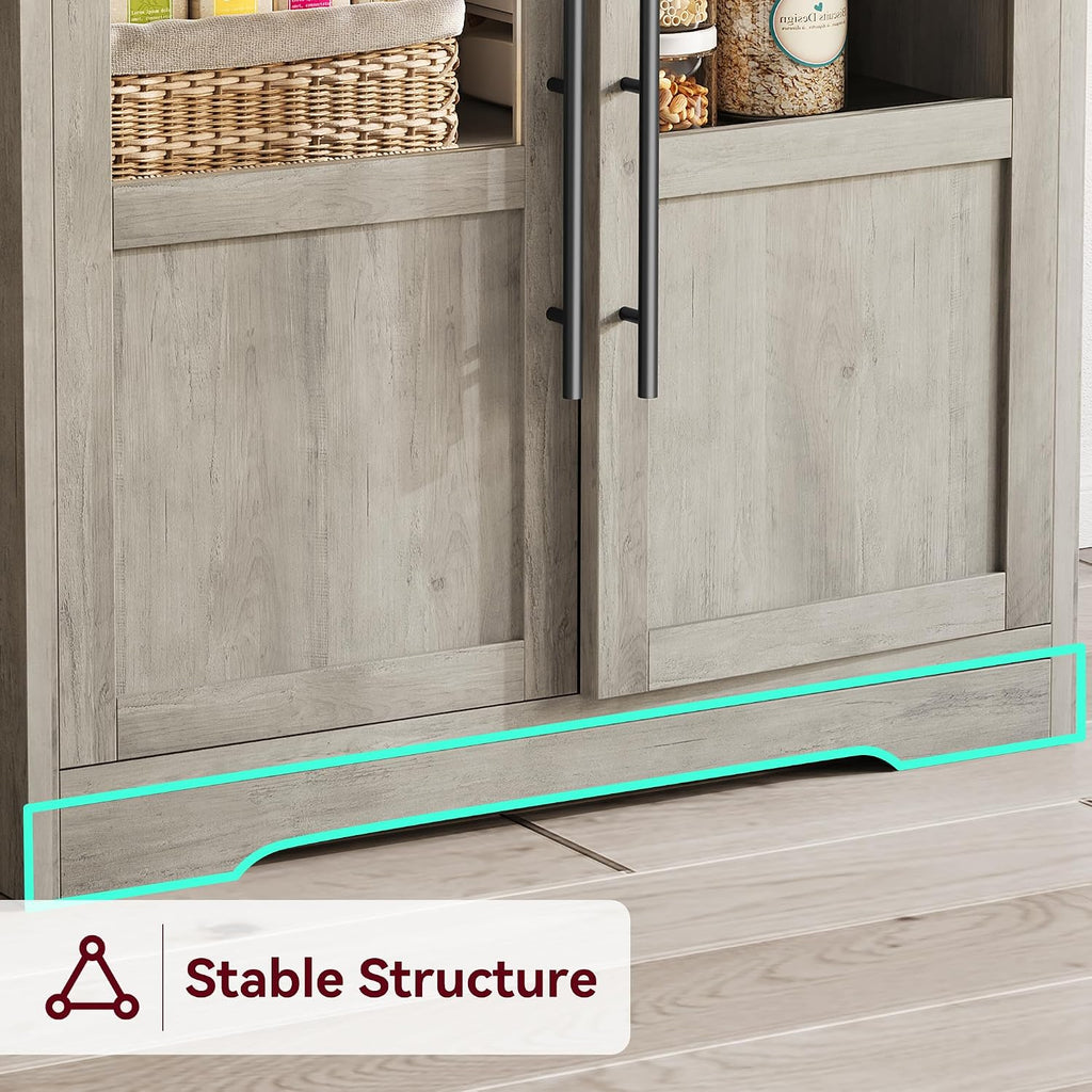 Bakers Rack with Storage Cabinet, Farmhouse Microwave Stand with Power Outlets & Glass Doors, Small Kitchen Bakers Rack with Thick Table Top, Coffee Bar Station, Retro Gray