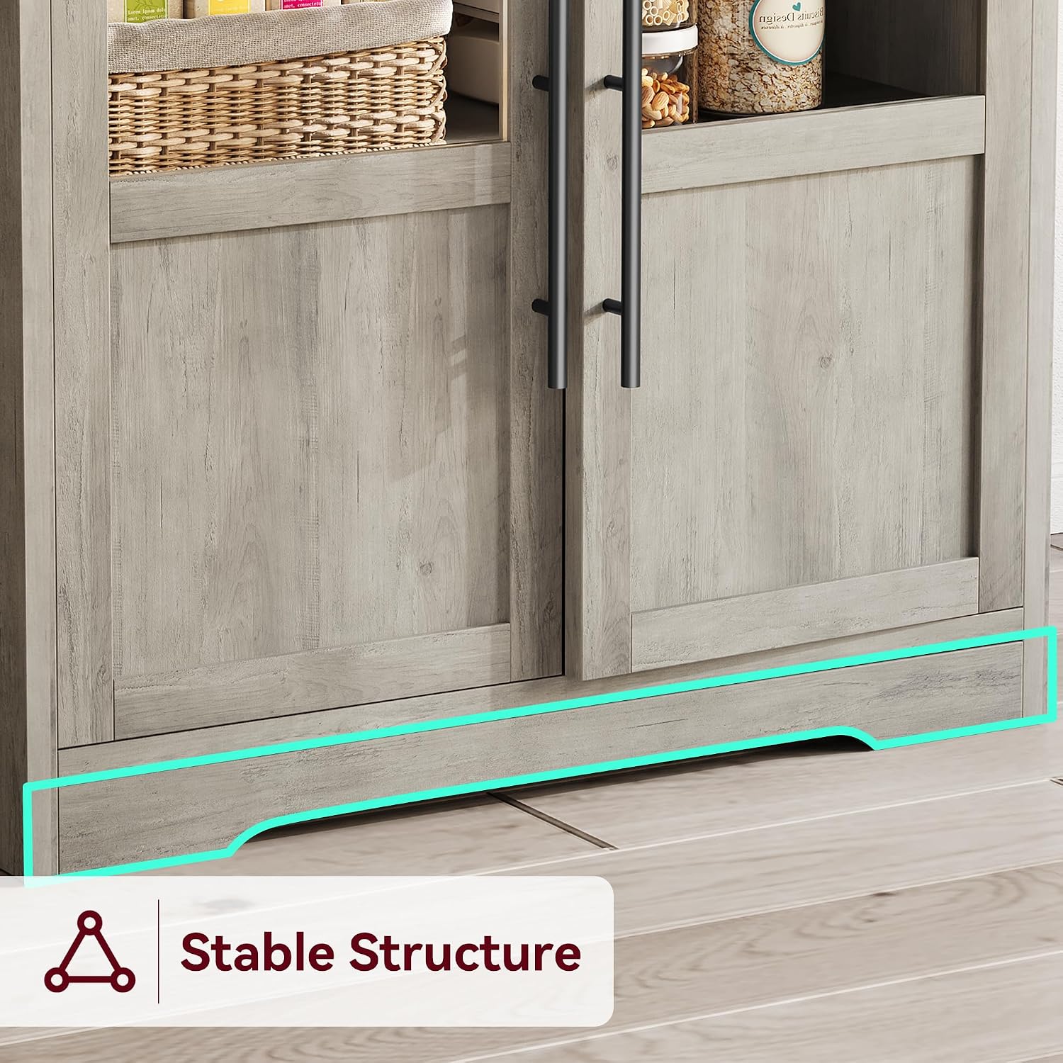 Bakers Rack with Storage Cabinet, Farmhouse Microwave Stand with Power Outlets & Glass Doors, Small Kitchen Bakers Rack with Thick Table Top, Coffee Bar Station, Retro Gray