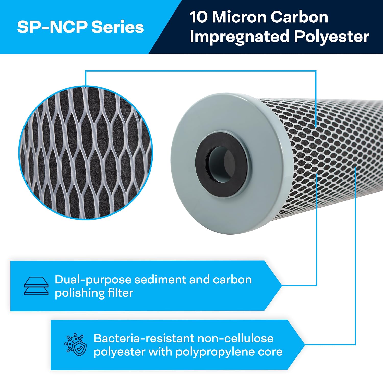 SpiroPure SP-NCP-20BB 20x4.5 10 Micron Dual Purpose Sediment and Carbon Water Filter Cartridge NCP-20BB 155382-43 (Case of 6)