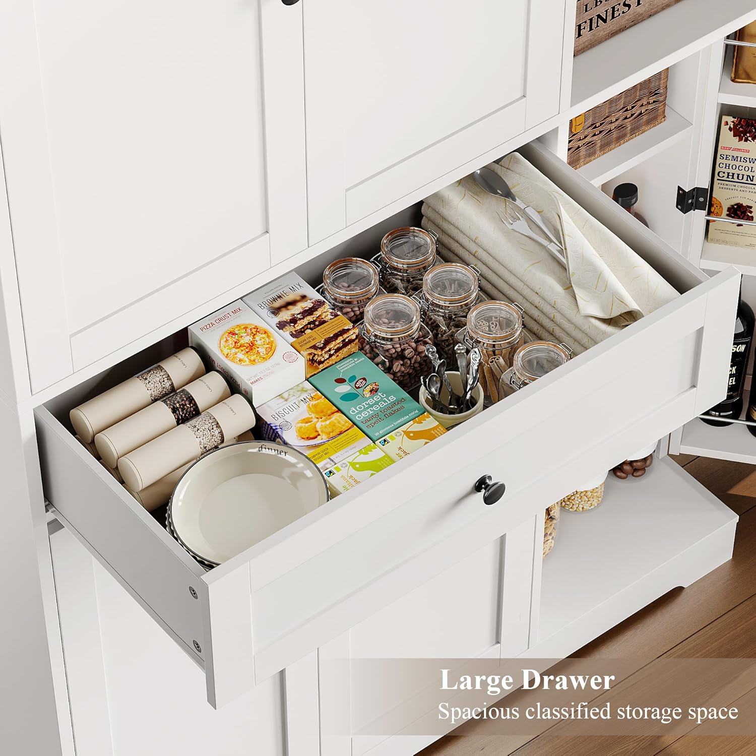 HOSTACK 68' Tall Kitchen Pantry Storage Cabinet, Modern Kitchen Hutch Cabinet with Doors and Shelves, Freestanding Food Pantry with Large Storage Drawer for Dining Room, Living Room, White