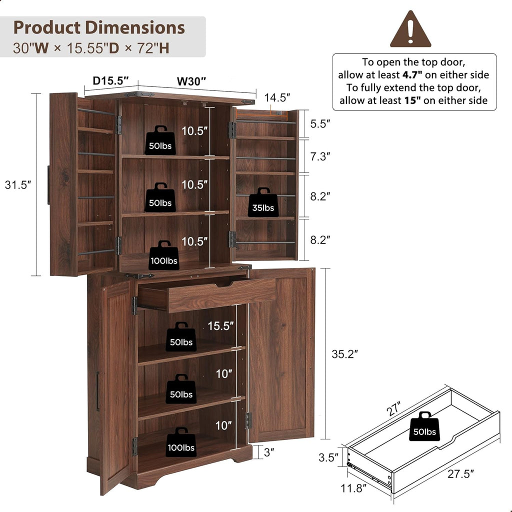 ACCOHOHO 72' Tall Kitchen Pantry, Farmhouse Storage Cabinet with Barn Doors, Organizer, Drawer and Adjustable Shelves, Rustic Wood Cupboard for Kitchen, Dining Room, Bathroom, Brown