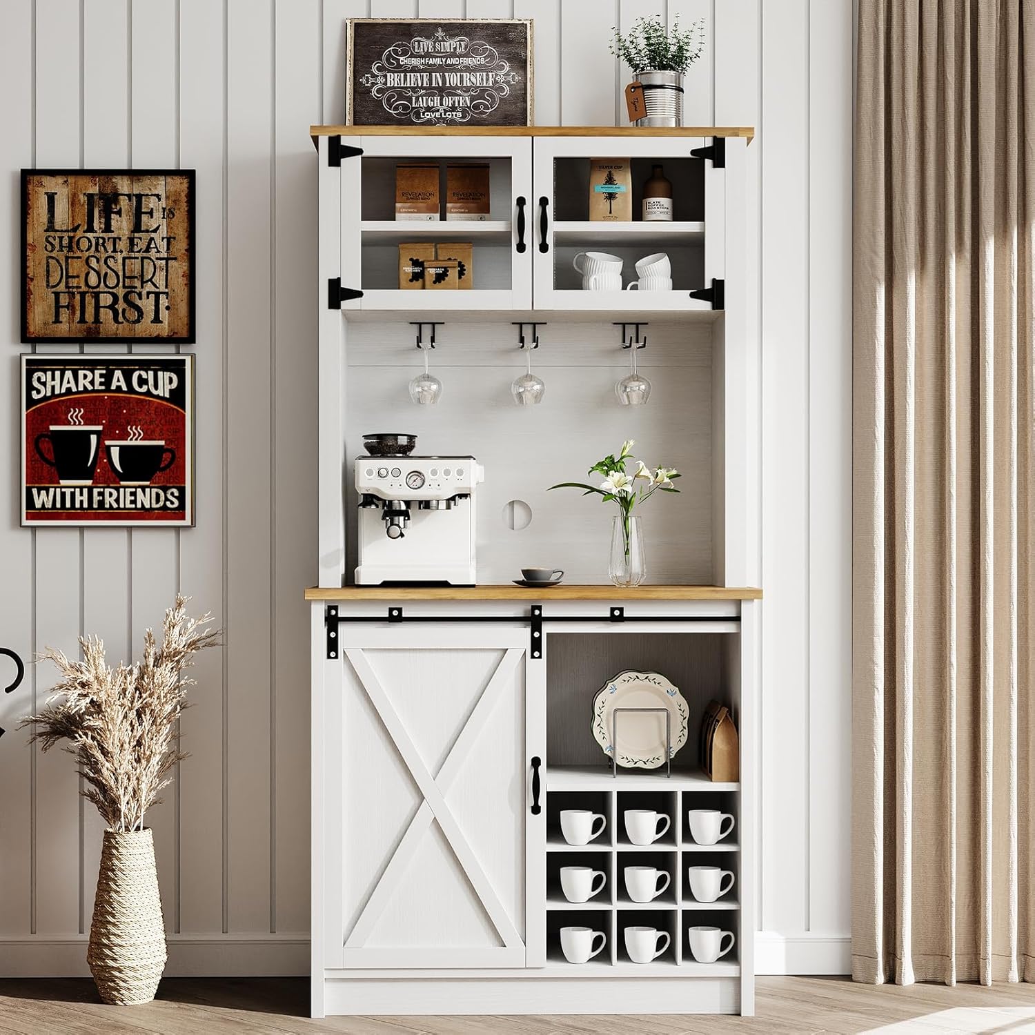 4ever2buy 72' Farmhouse Coffee Bar Cabinet with Sliding Barn Door, White Coffee Bar with Storage, Large Kitchen Buffet Cabinet with Wine Rack, Tall Bar Cabinet Table Living Dining Room
