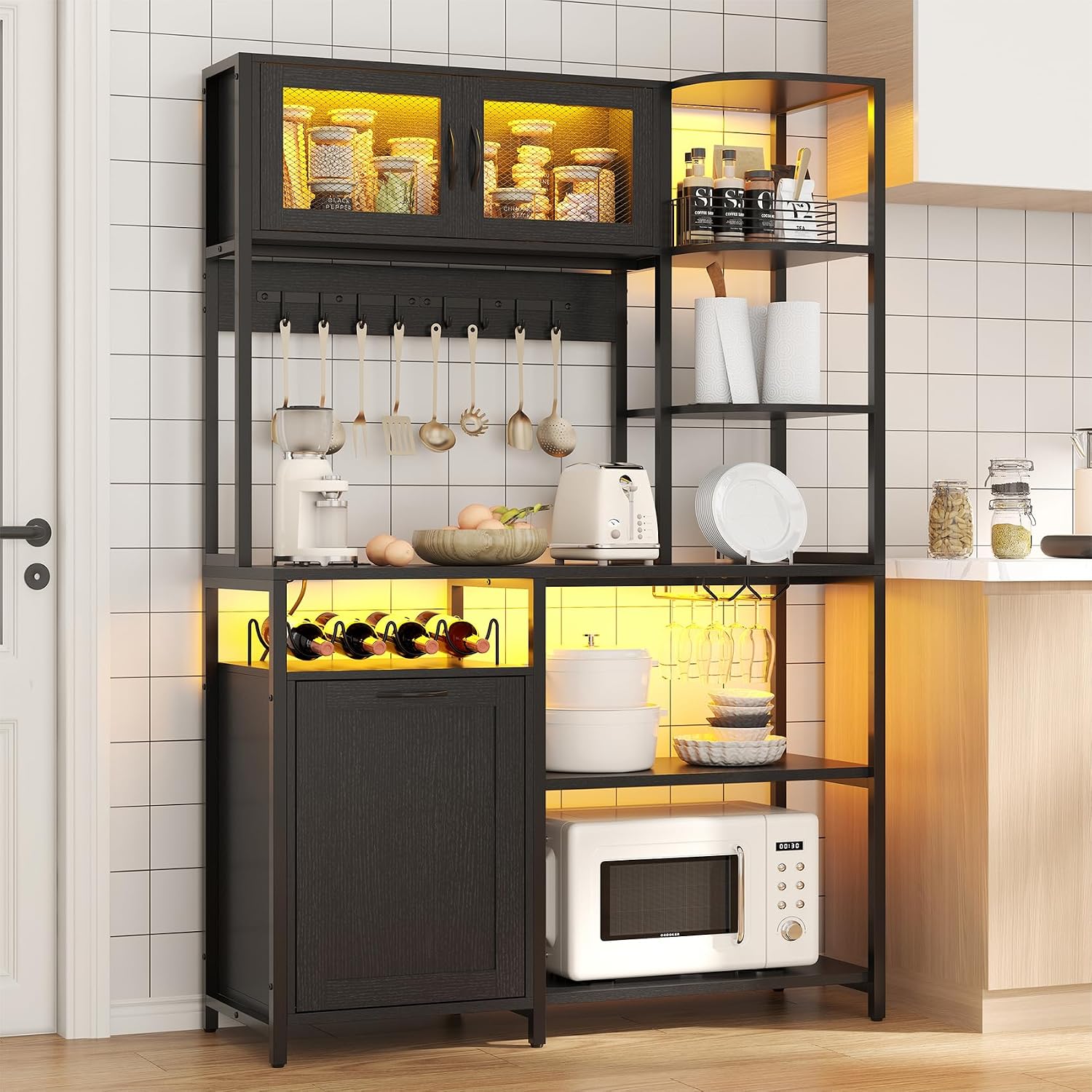 Bakers Rack with Power Outlet and LED Light, 6-Tier Commercial Bakery Racks, Kitchen Microwave Stand with Storage Cabinet, Kitchen Tilt Out Trash Cabinet, 15.8' D x 42.5' W x 67.8' H, Black