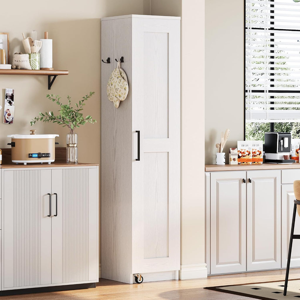IRONCK Narrow Kitchen Pantry Storage Cabinet, 72' Slim Single Door with 6 Adjustable Shelves, Door Rack and Wheels, Space Saving Freestanding Storage Floor Cabinet for Small Place, White