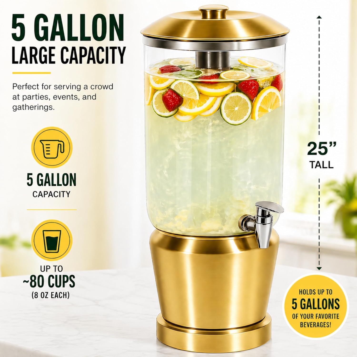 Drink Dispenser with Ice Chambers, Lemonade Tea Water Dispenser with Spigot, Stainless Steel Beverage Jar Jug, Perfect for Home Parties, Weddings, Gifts & Events (Gold, 5, Gallons)