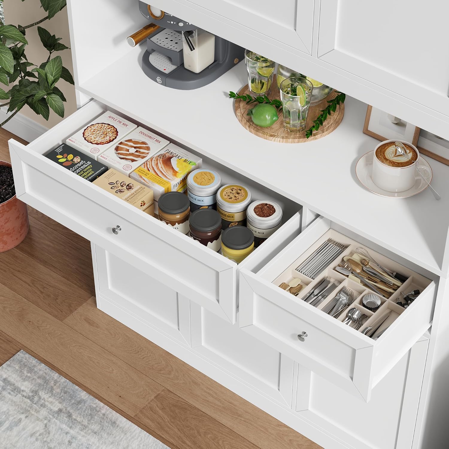 BOTLOG 72' Kitchen Pantry Cabinet, Kitchen Hutch with Microwave Stand, Buffet Cabinet with Hutch for Dining Room, White