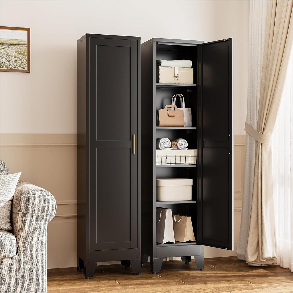 YAUWOH White Narrow Metal Storage Cabinet, Tall Freestanding Cabinet with 4 Adjustable Shelves & Barn Doors, Pantry Organizer for Bathroom Kitchen Home Office Dining Room（1PC,Black）
